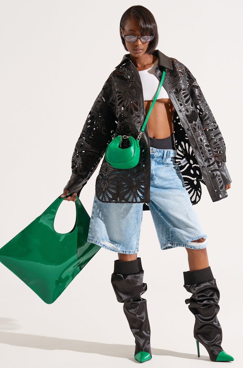 FEEL THE VIBE BUTTON DOWN FAUX LEATHER BLOUSE