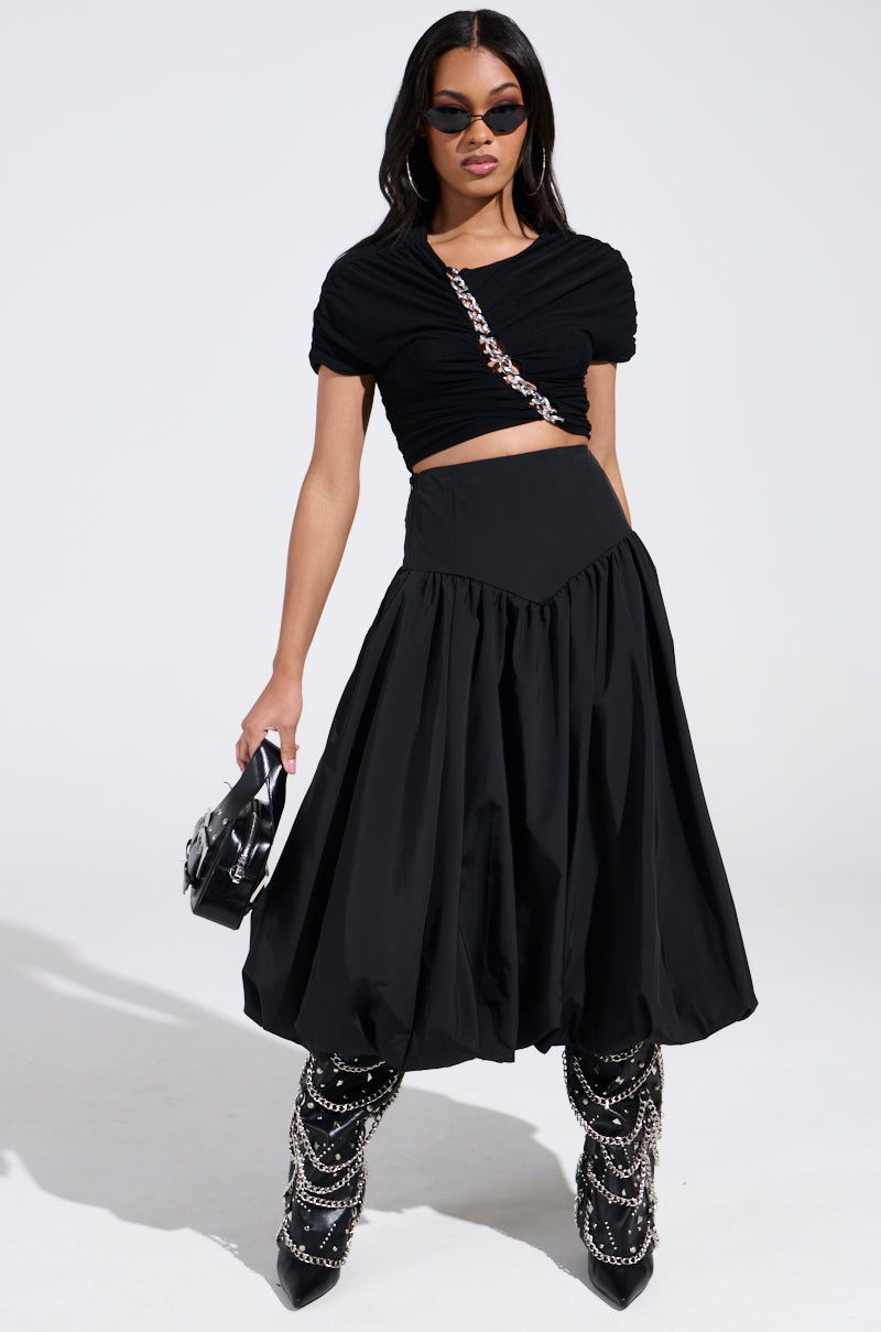 I FOUND YOU DROP WAIST MIDI SKIRT IN BLACK