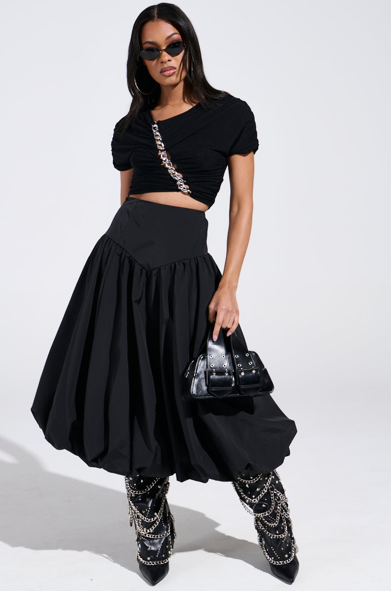 I FOUND YOU DROP WAIST MIDI SKIRT IN BLACK