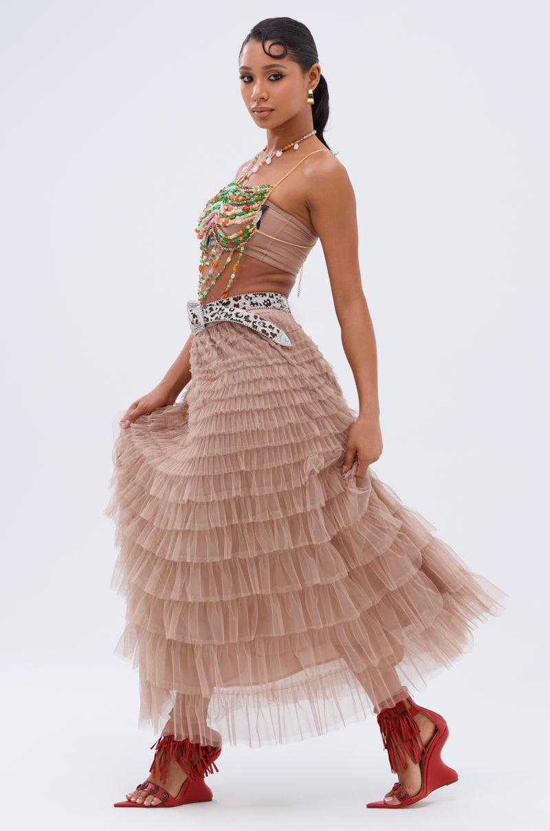 STARS ALIGNED MESH RUFFLE MAXI SKIRT