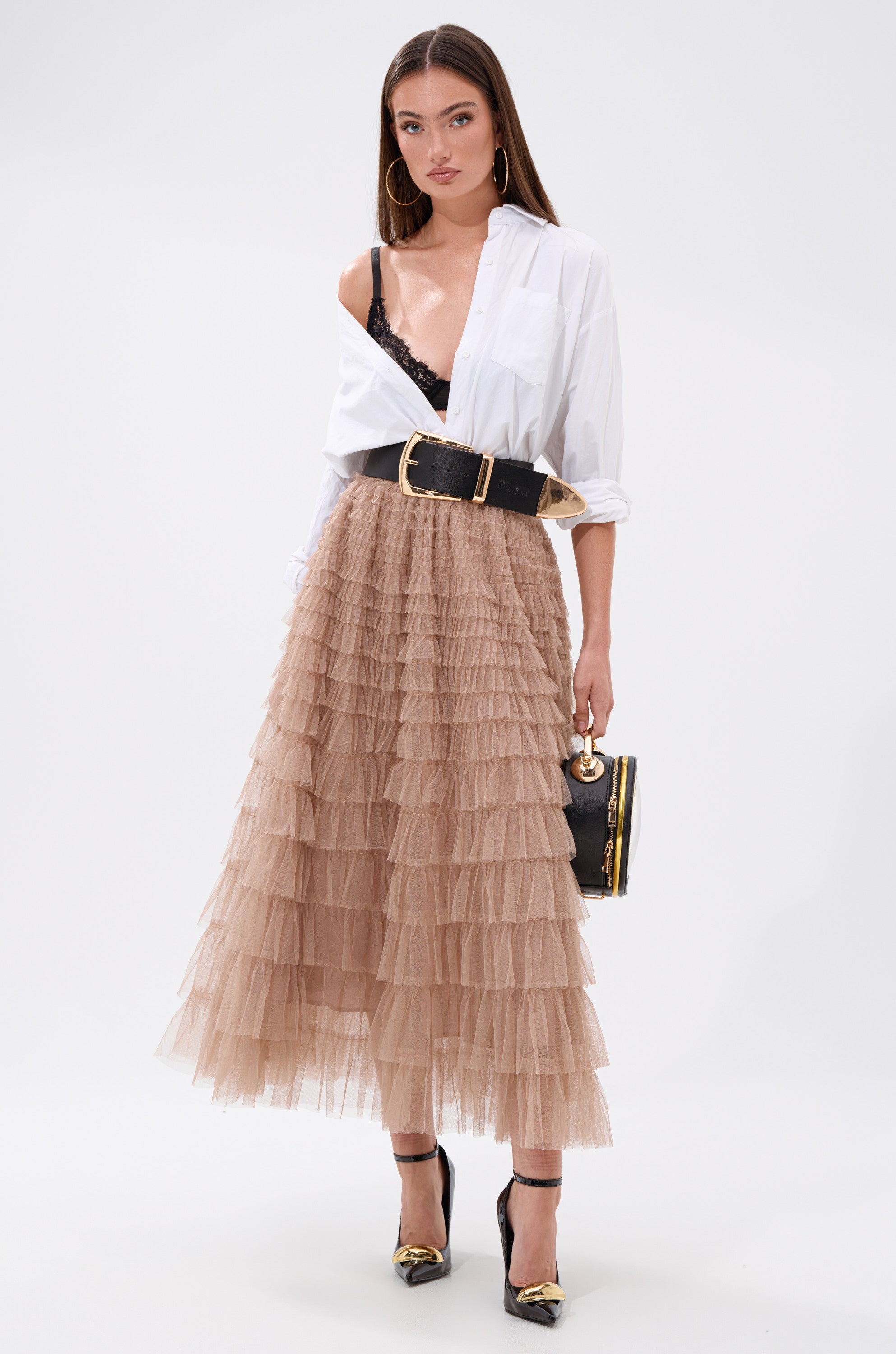 STARS ALIGNED MESH RUFFLE MAXI SKIRT