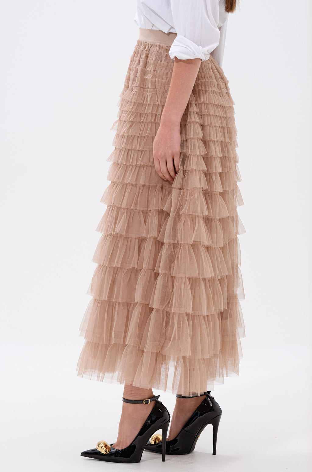 STARS ALIGNED MESH RUFFLE MAXI SKIRT