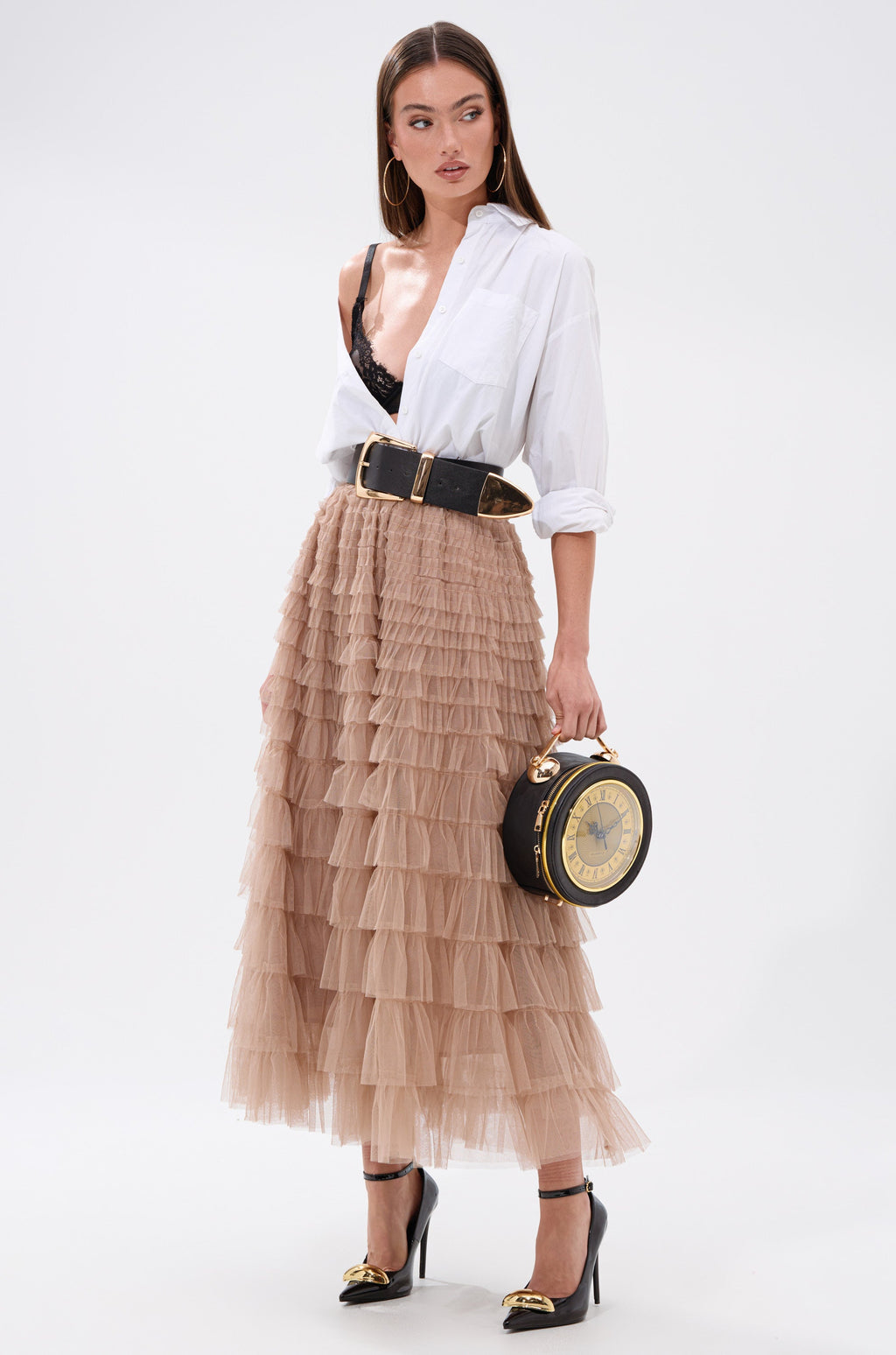 STARS ALIGNED MESH RUFFLE MAXI SKIRT