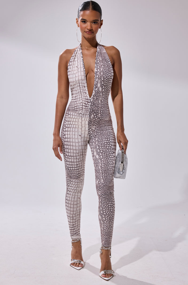 ON THE MOVE CROC PRINT JUMPSUIT