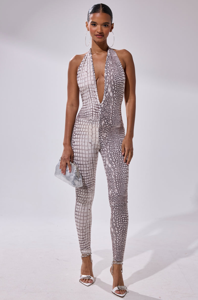 ON THE MOVE CROC PRINT JUMPSUIT