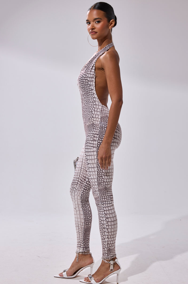 ON THE MOVE CROC PRINT JUMPSUIT