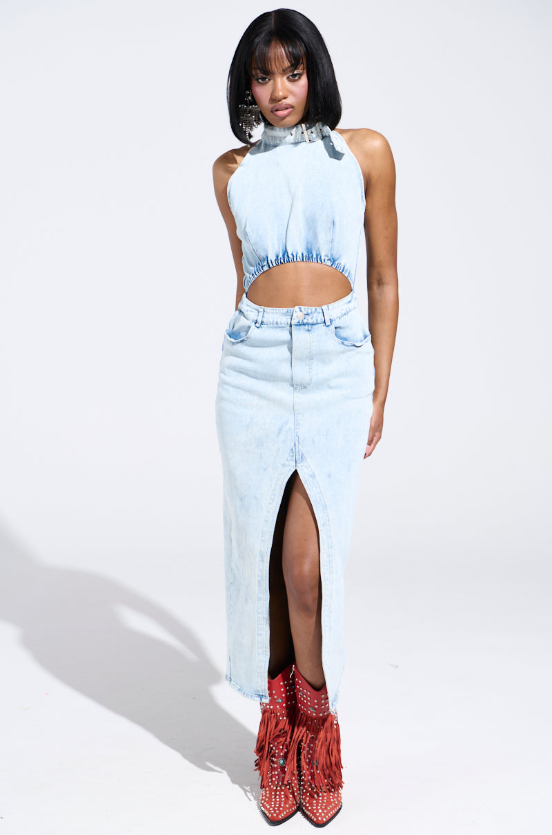PEEKABOO DENIM MIDI DRESS