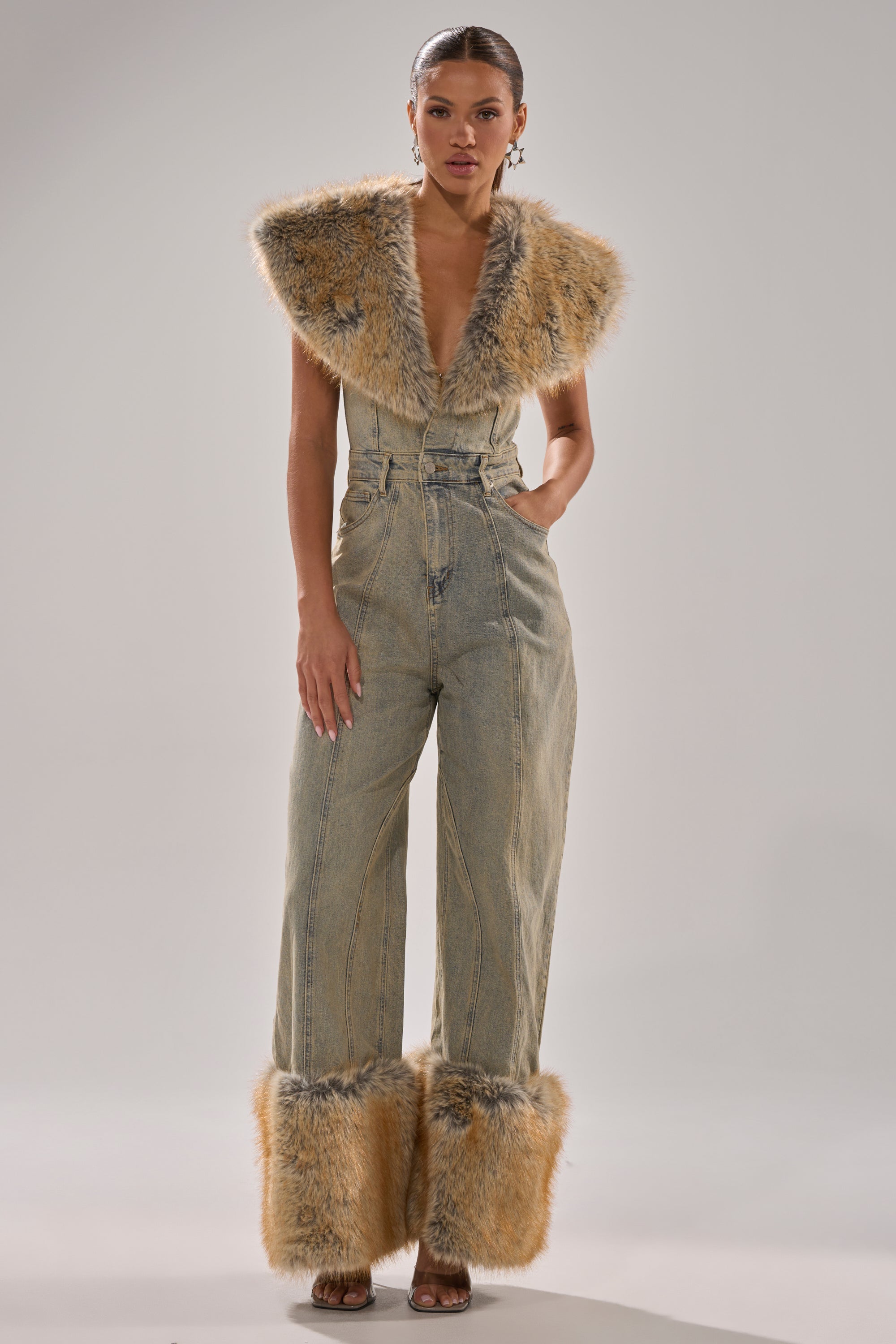 TALK THAT TALK DENIM FUR JUMPSUIT IN VINTAGE BLUE