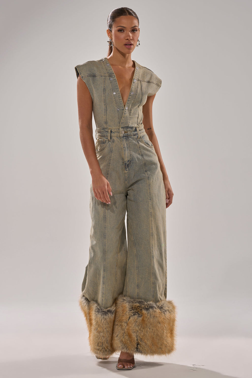 TALK THAT TALK DENIM FUR JUMPSUIT IN VINTAGE BLUE