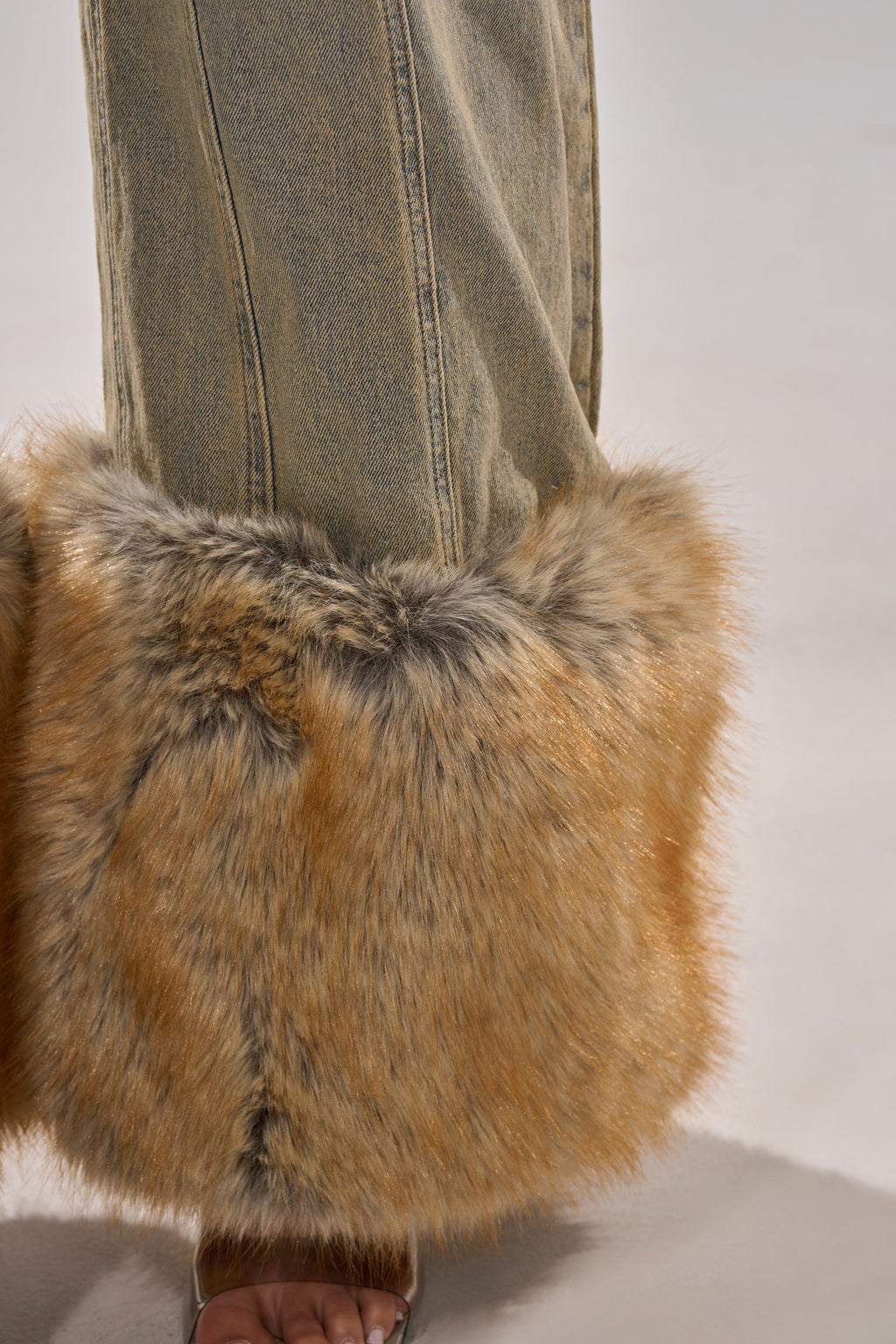 TALK THAT TALK DENIM FUR JUMPSUIT IN VINTAGE BLUE