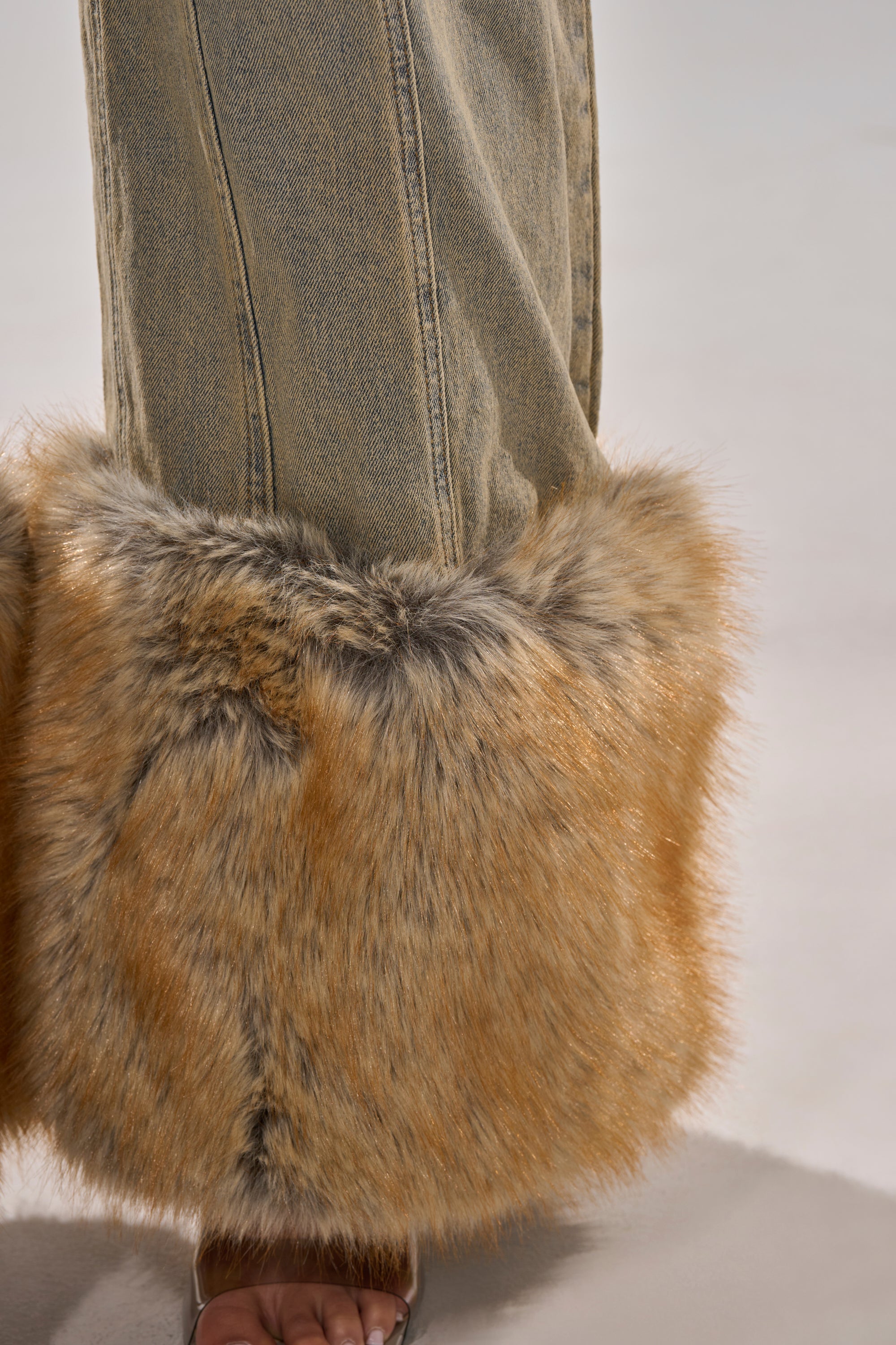 TALK THAT TALK DENIM FUR JUMPSUIT IN VINTAGE BLUE