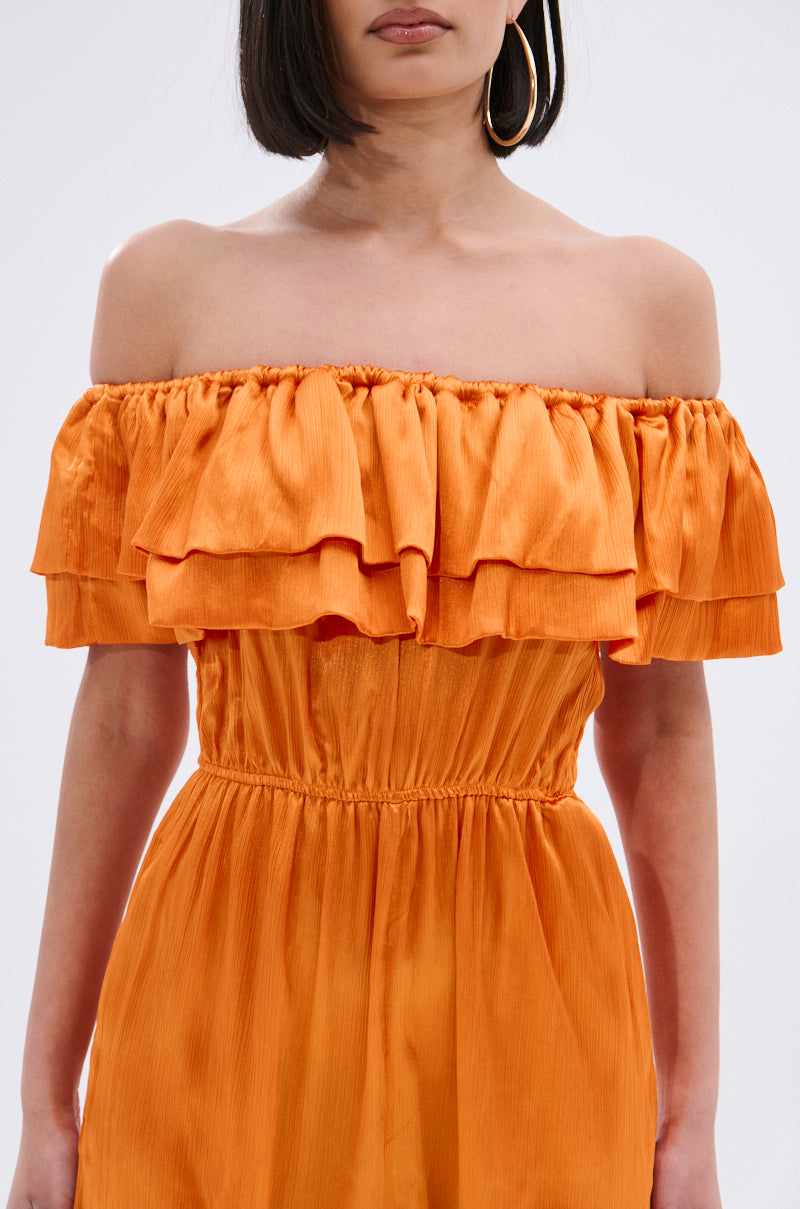 BYE BYE WINTER BLUES OFF THE SHOULDER SATIN JUMPSUIT