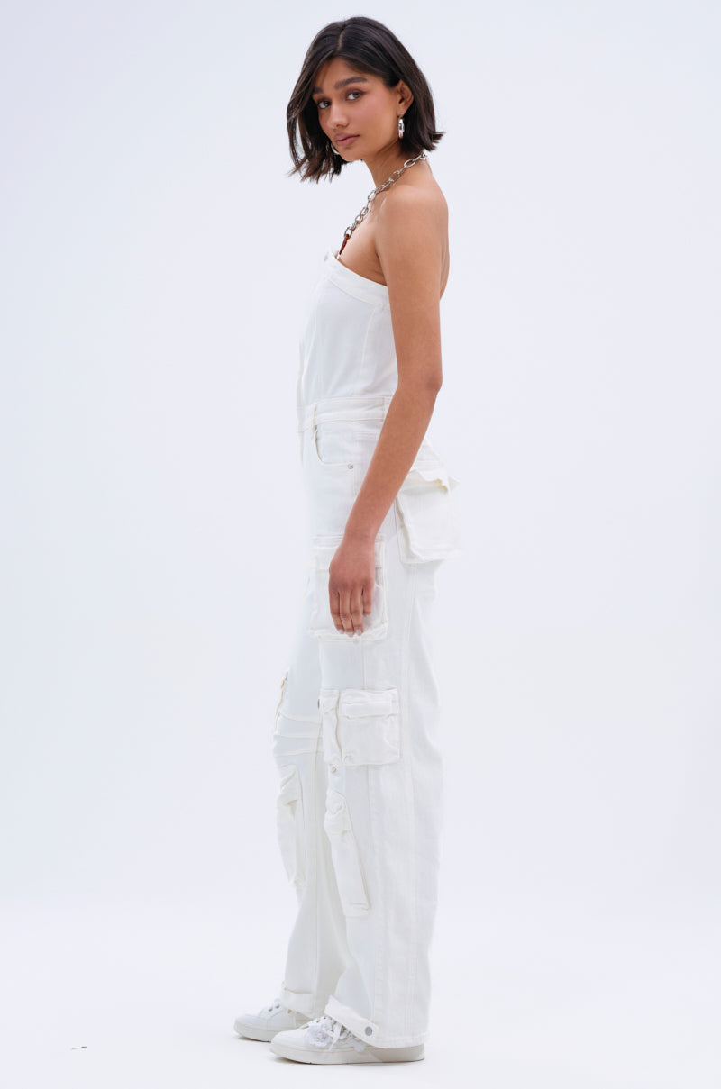 LINDSAY DENIM CARGO JUMPSUIT IN WHITE