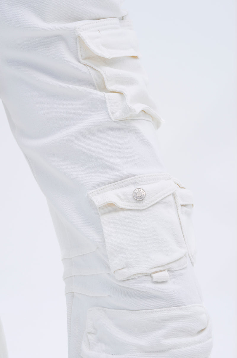 LINDSAY DENIM CARGO JUMPSUIT IN WHITE