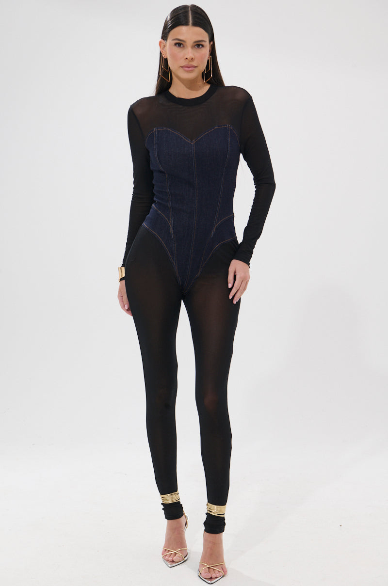 NEW YEAR SAME ME MESH DENIM JUMPSUIT