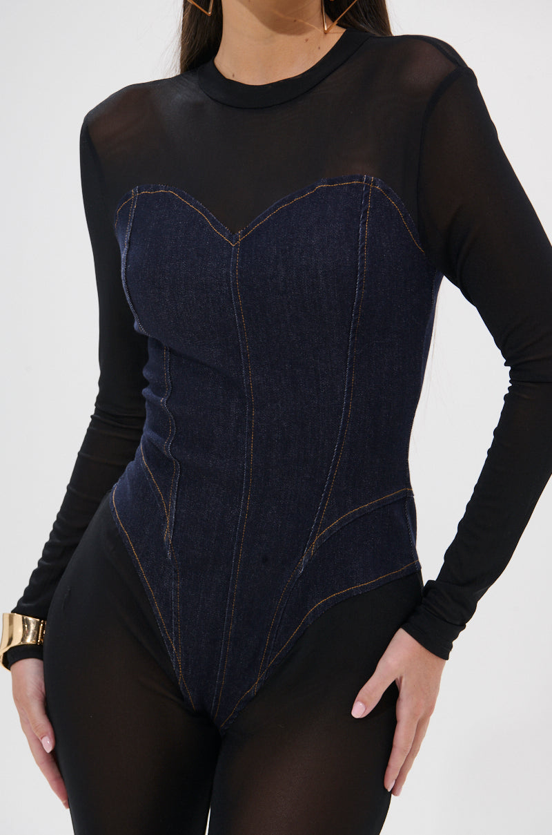 NEW YEAR SAME ME MESH DENIM JUMPSUIT