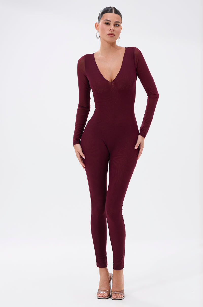 KEEPIN IT SIMPLE MESH JUMPSUIT IN BURGUNDY