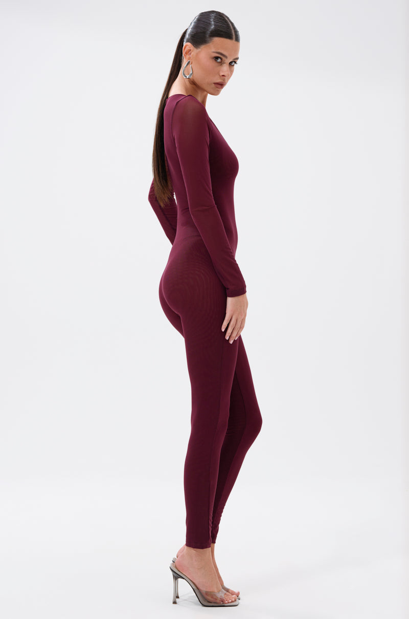 KEEPIN IT SIMPLE MESH JUMPSUIT IN BURGUNDY