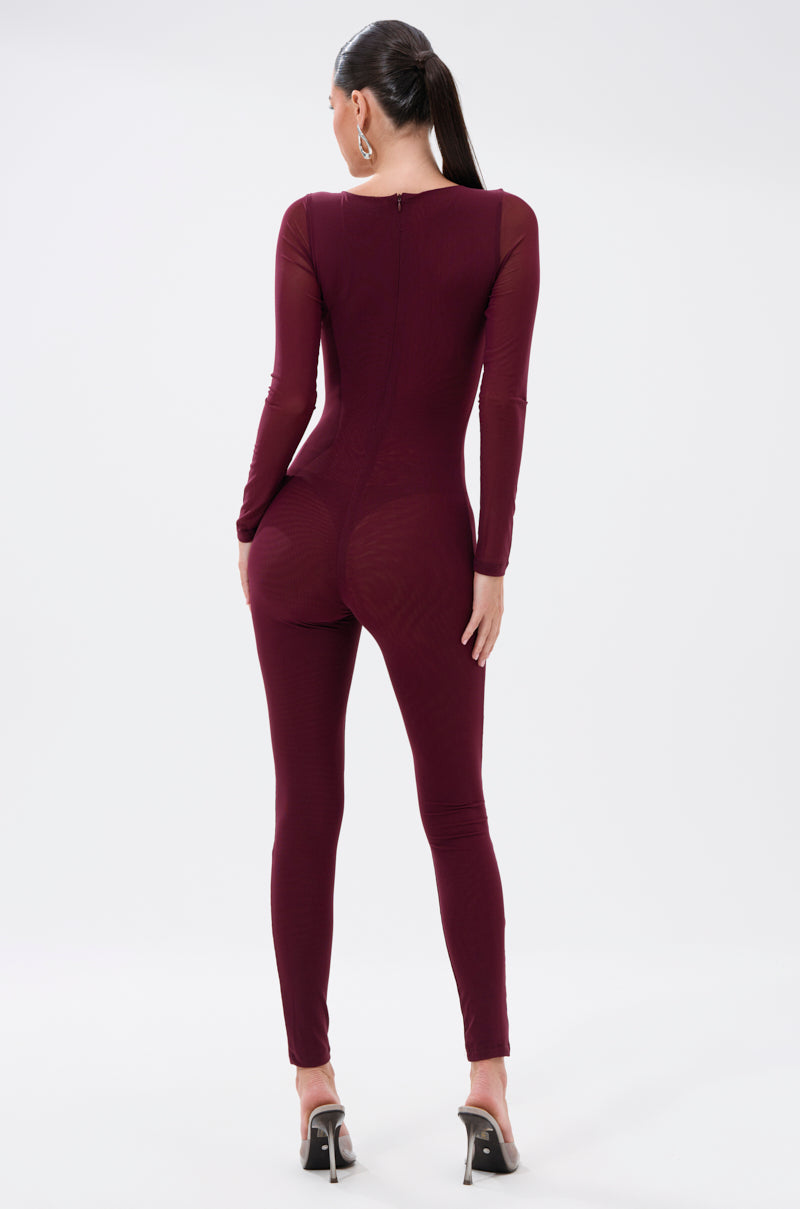 KEEPIN IT SIMPLE MESH JUMPSUIT IN BURGUNDY