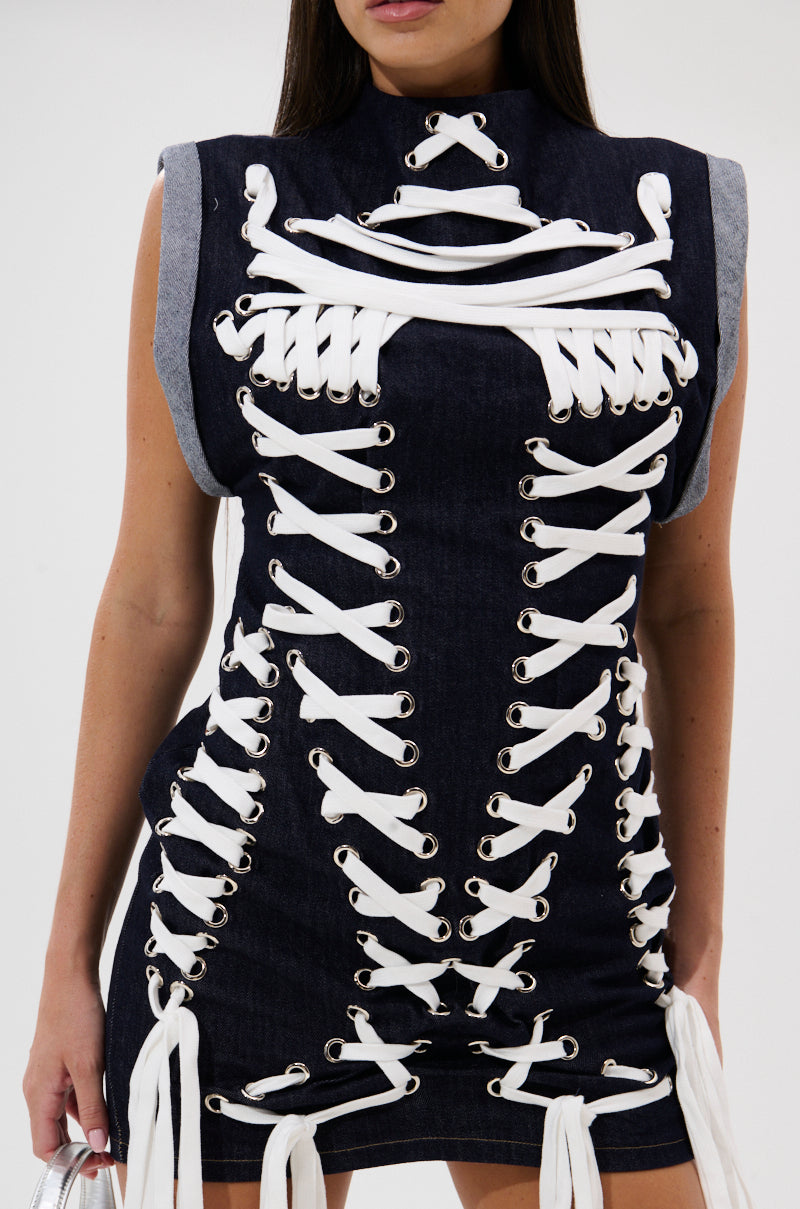 ALL ABOUT IT LACE UP MINI DRESS IN DENIM
