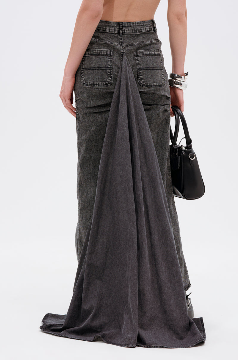 OH THE DRAMA DENIM MAXI SKIRT WITH TRAIN IN GREY