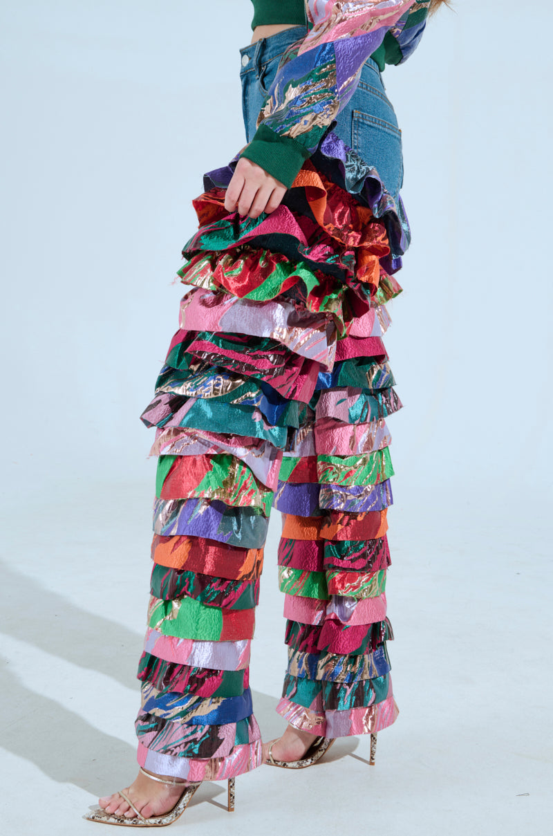 LIFE IS BUT A DREAM BROCADE RUFFLE DENIM