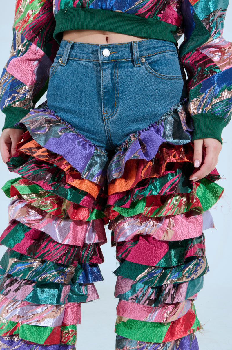 LIFE IS BUT A DREAM BROCADE RUFFLE DENIM