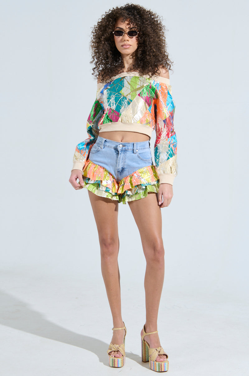 LIFE IS BUT A DREAM BROCADE RUFFLE DENIM SHORTS