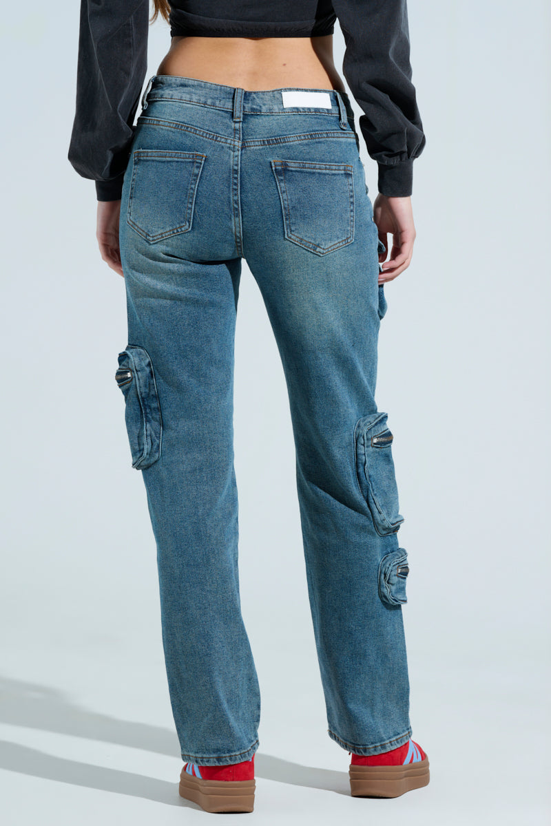 ALL OVER POCKET DETAIL RELAXED FIT JEANS IN MEDIUM BLUE DENIM
