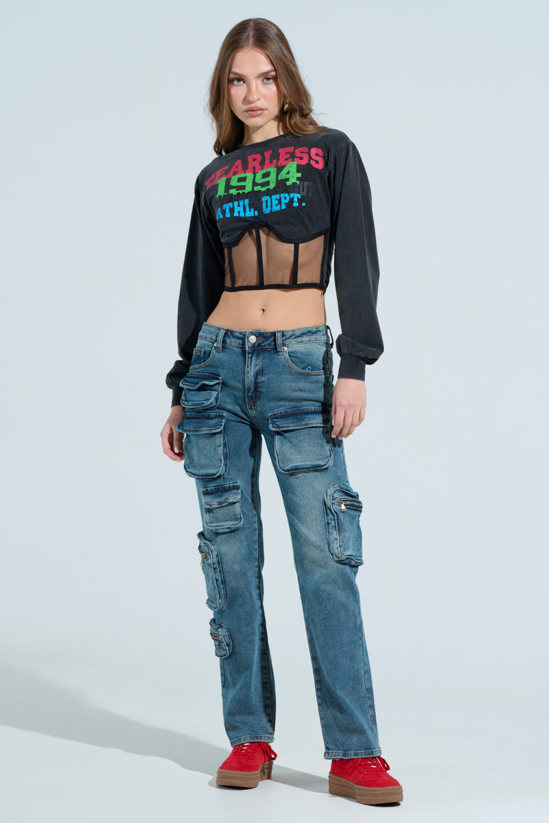 ALL OVER POCKET DETAIL RELAXED FIT JEANS IN MEDIUM BLUE DENIM