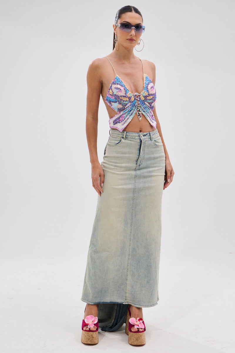 OH THE DRAMA BACK BOW DENIM MAXI SKIRT WITH TRAIN