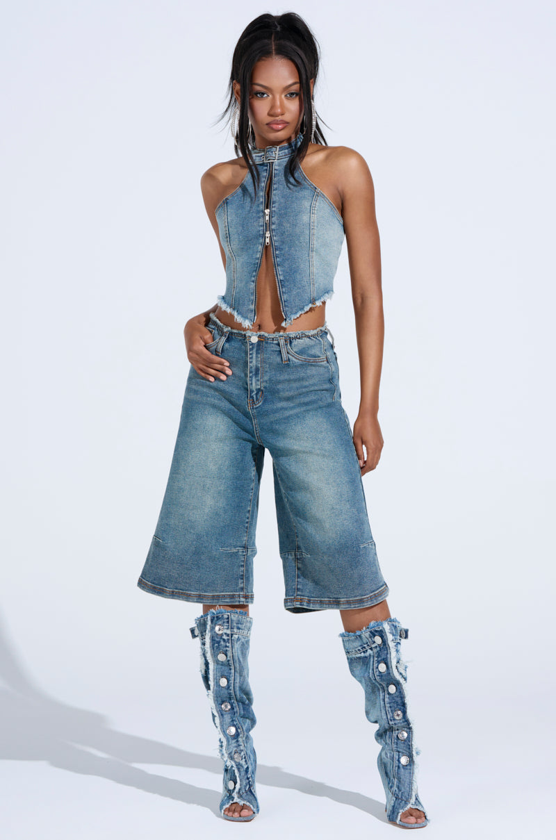 BREAK UP WITH HIM DENIM HALTER TOP