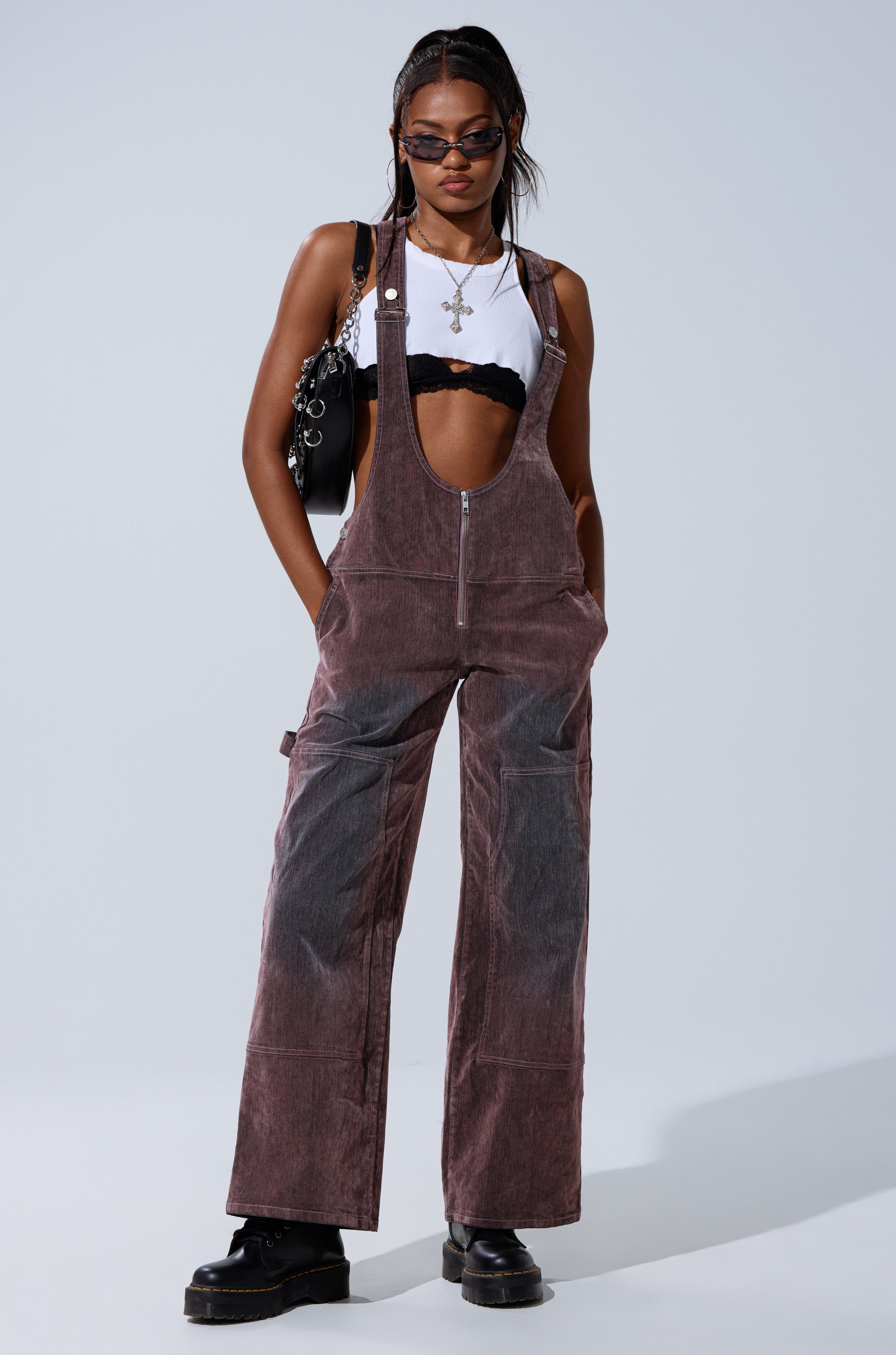 DOUBLE KNEE TEXTURED DENIM OVERALLS