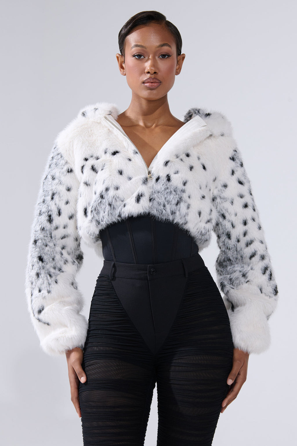 SNOW LEOPARD HOODED FUR BOMBER