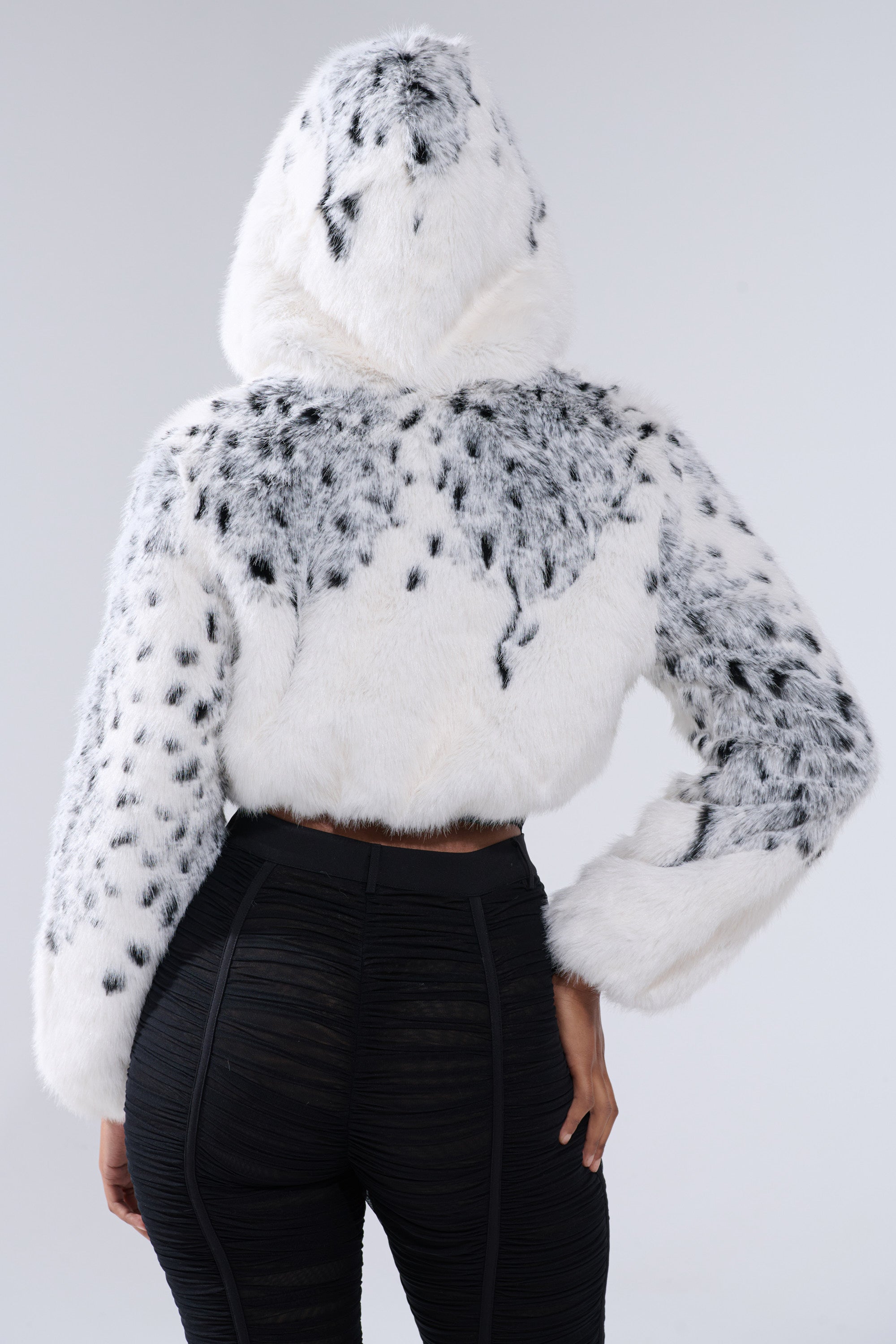 SNOW LEOPARD HOODED FUR BOMBER
