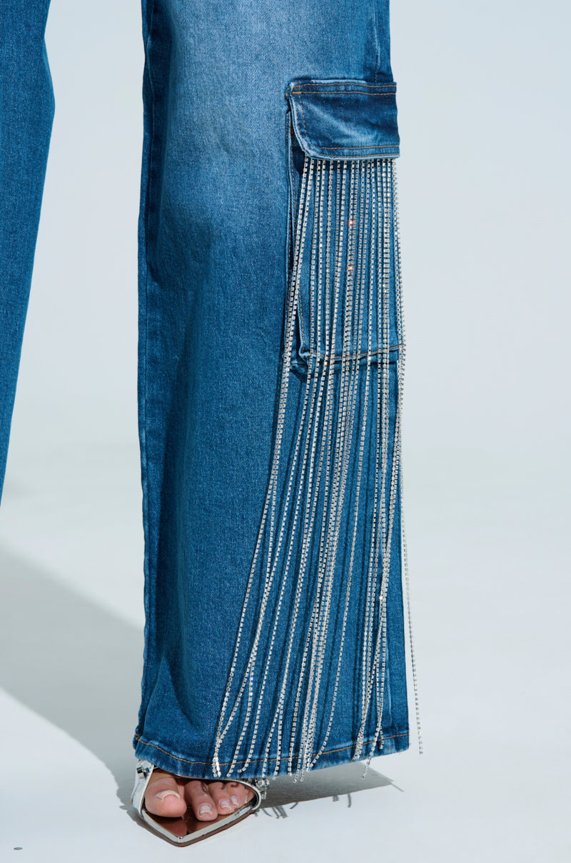 GIMME GIMME RHINESTONE CHAIN CARGO JEANS
