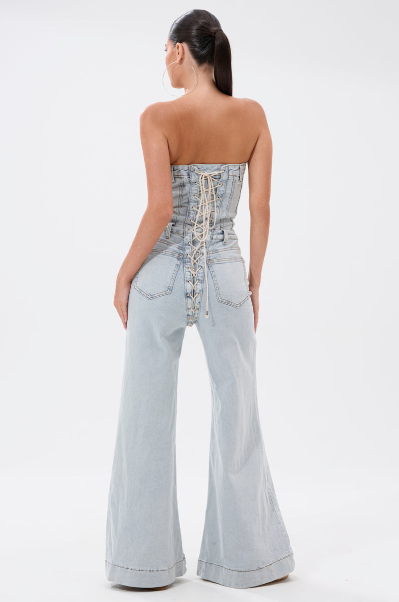 ALL IN THE DETAILS DENIM LACE UP JUMPSUIT