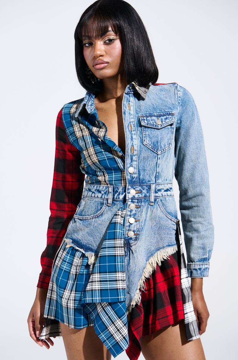 PATCHWORK PLAID DENIM MINI DRESS