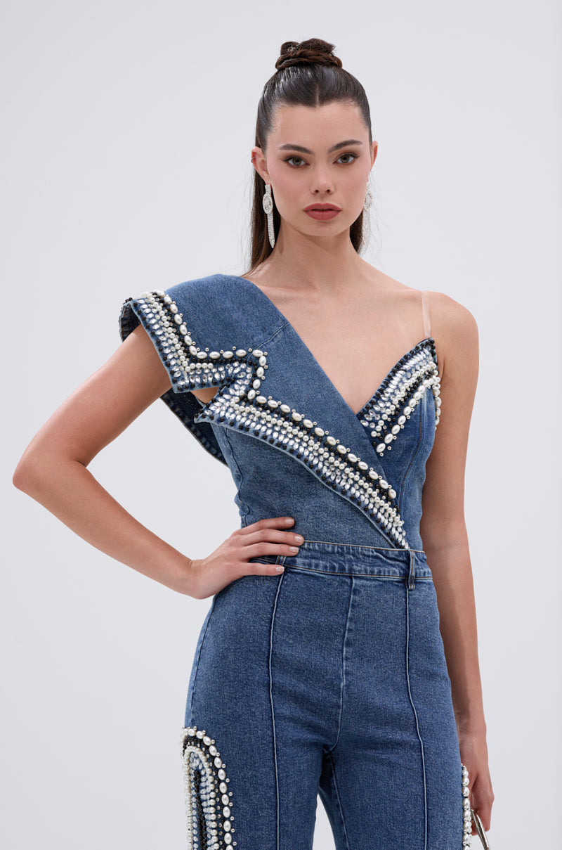 LUXURIOUS DENIM ASYMMETRICAL PEARL BODYSUIT