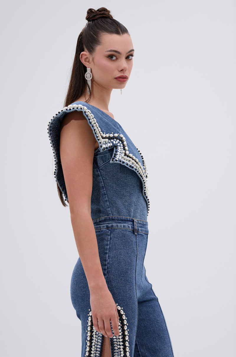 LUXURIOUS DENIM ASYMMETRICAL PEARL BODYSUIT