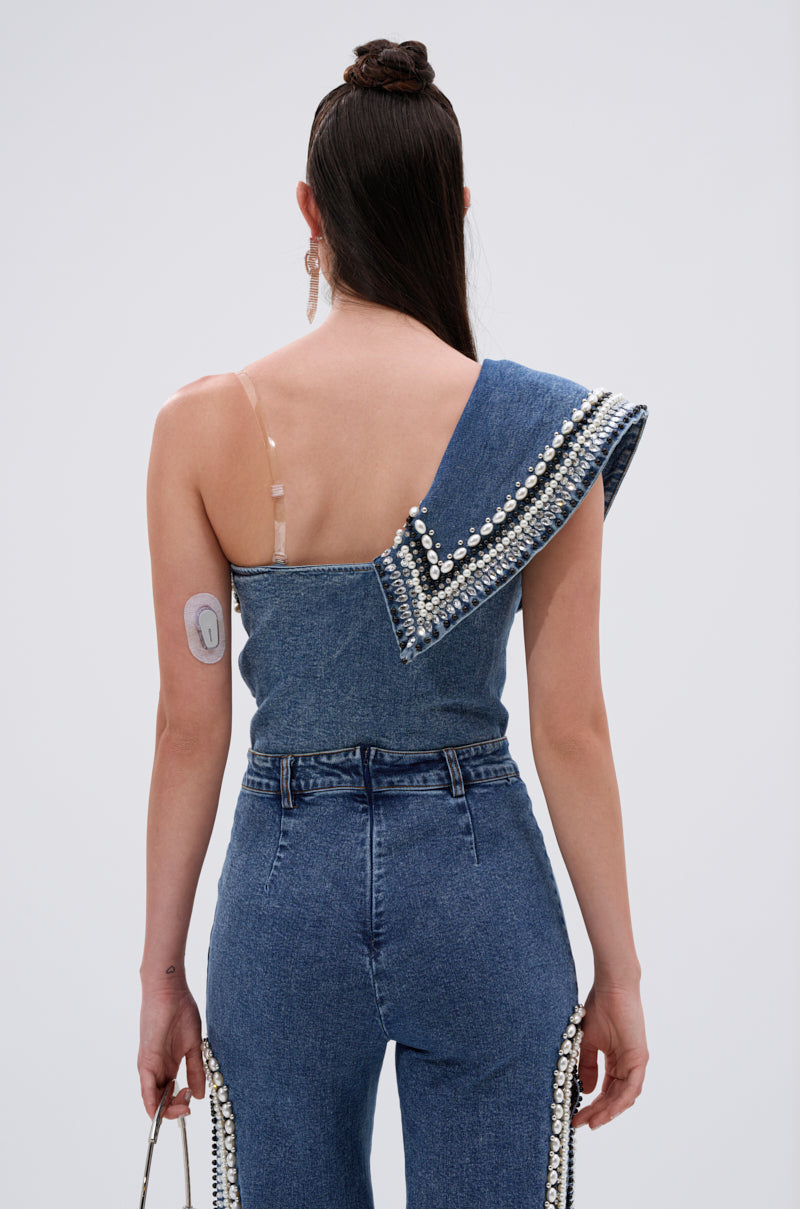 LUXURIOUS DENIM ASYMMETRICAL PEARL BODYSUIT