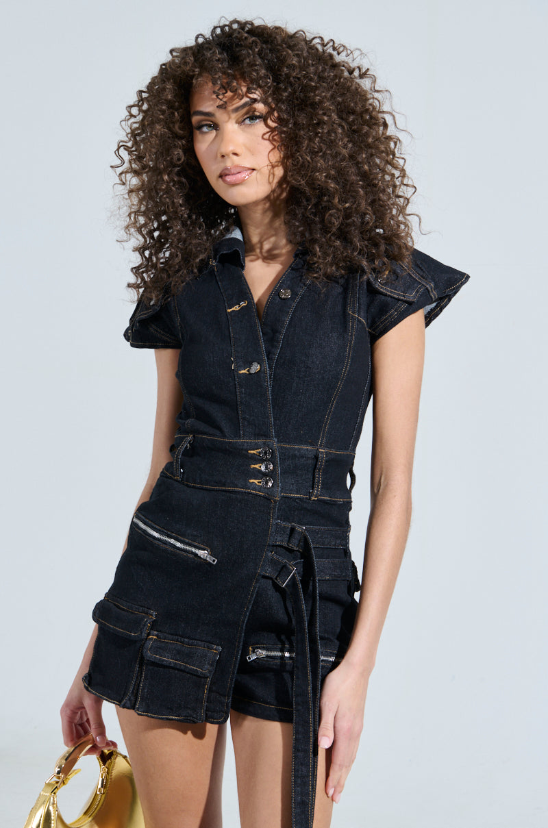 TALK TO ME NICE CARGO DENIM ROMPER