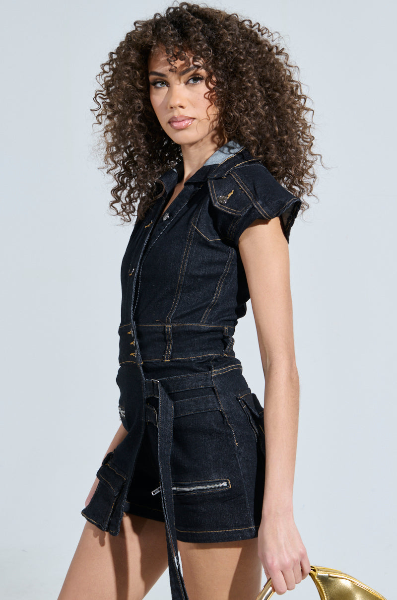 TALK TO ME NICE CARGO DENIM ROMPER