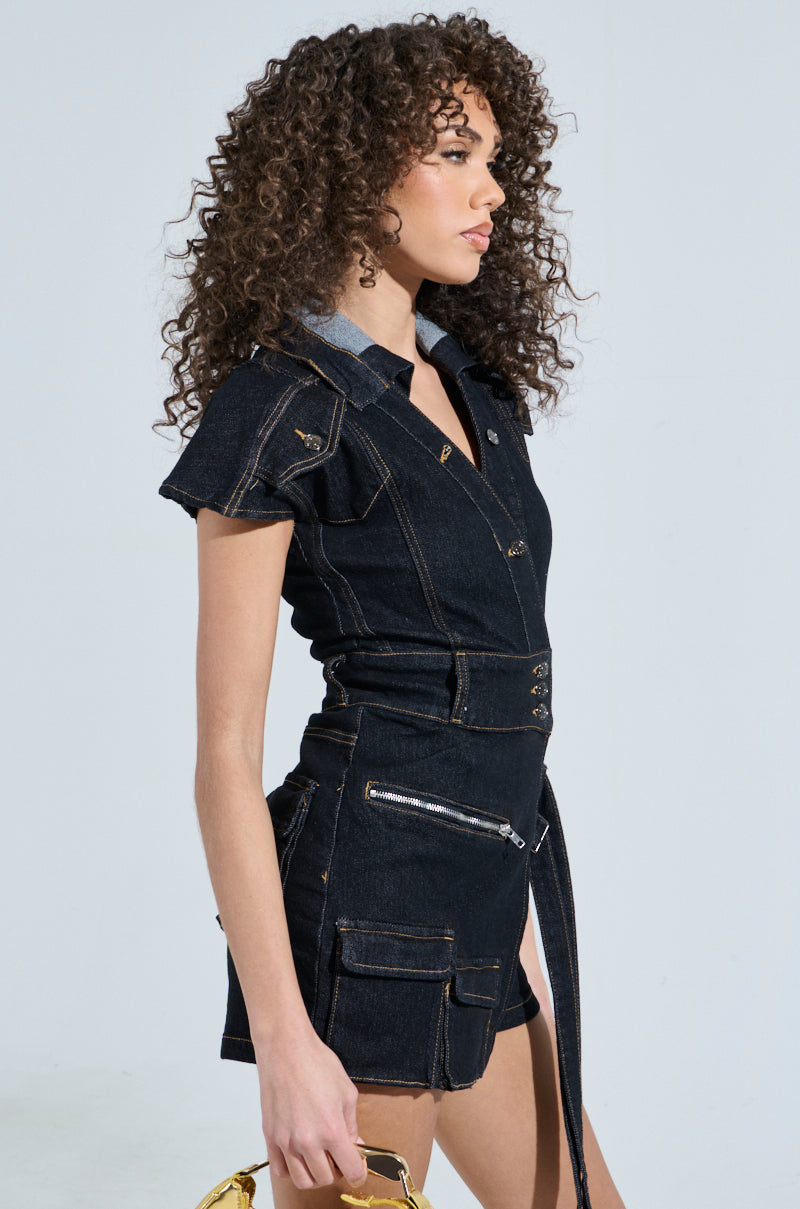 TALK TO ME NICE CARGO DENIM ROMPER
