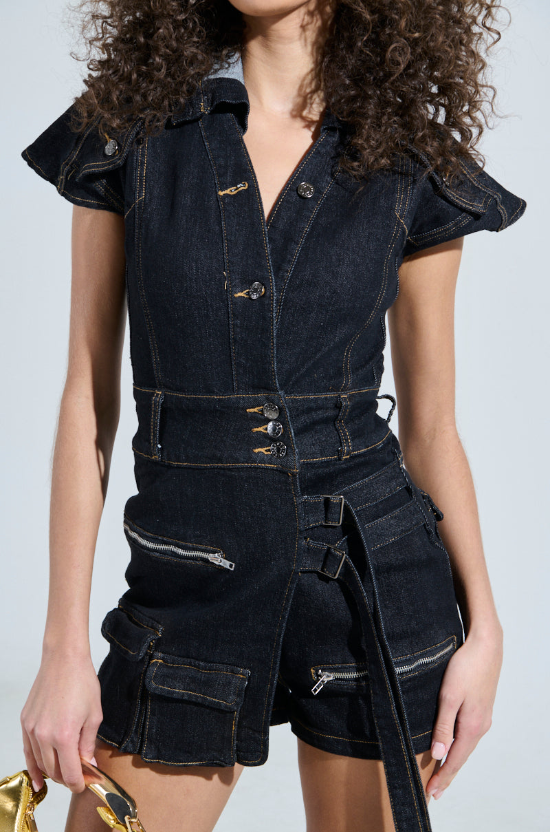 TALK TO ME NICE CARGO DENIM ROMPER