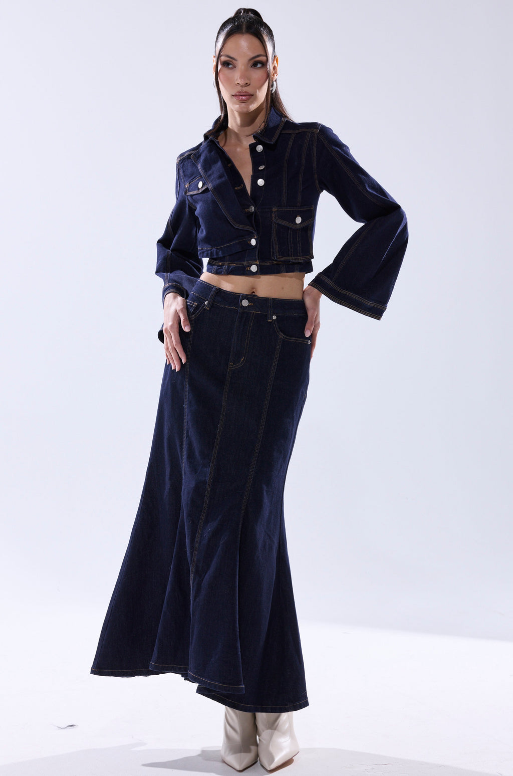 SHES GONE, DANCE ON DENIM MAXI SKIRT