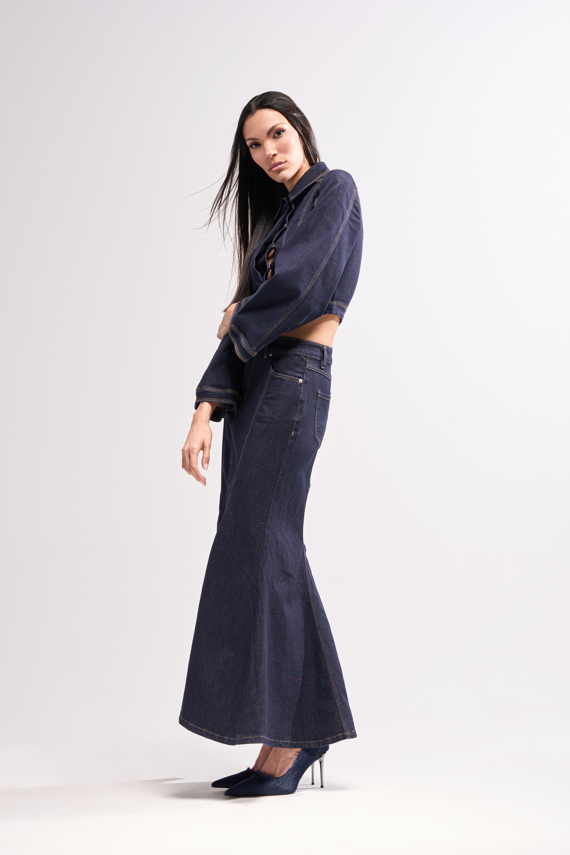 SHES GONE, DANCE ON DENIM MAXI SKIRT