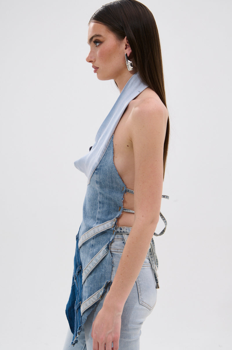 PATCHED UP COWL NECK DENIM HALTER TOP