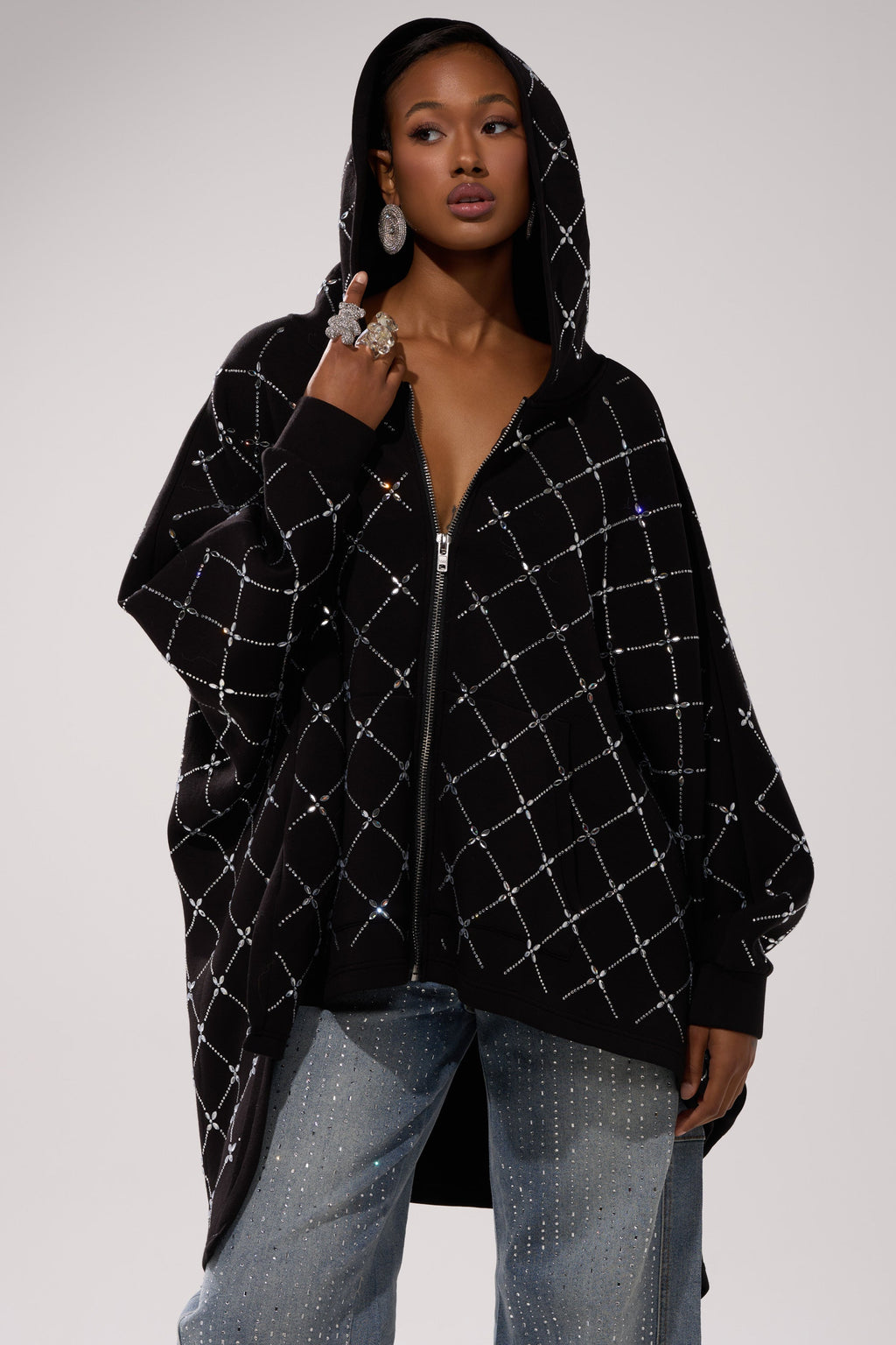 BLING BLING OVERSIZED ZIP UP SWEATSHIRT