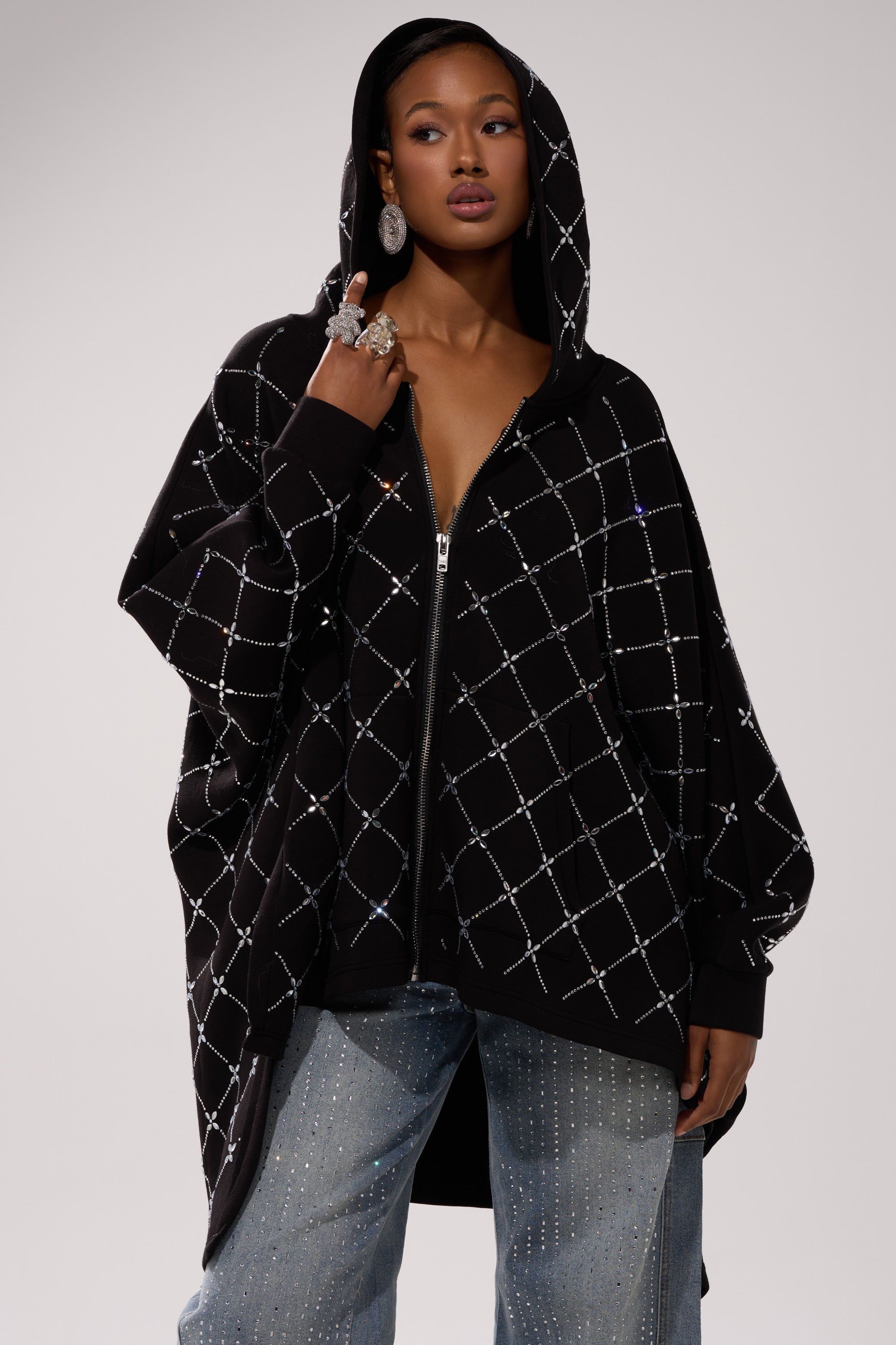 BLING BLING OVERSIZED ZIP UP SWEATSHIRT